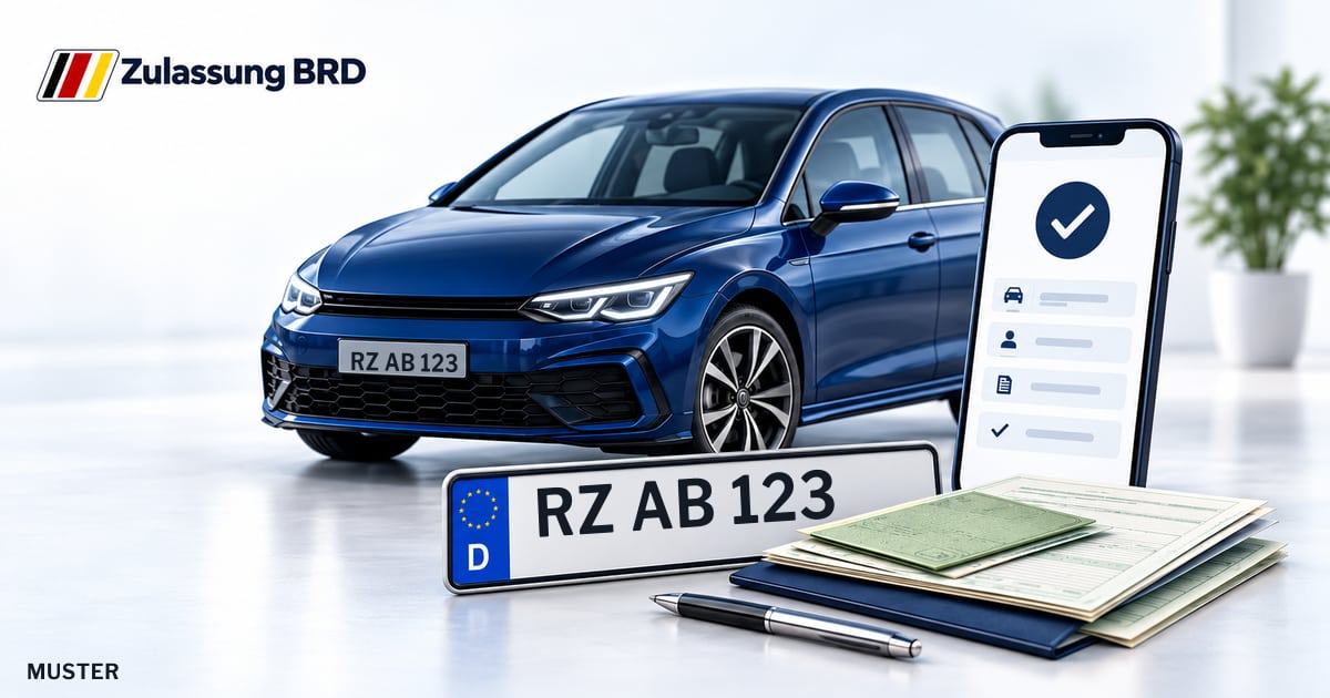 Online Fahrzeugzulassung in Lauenburg/ Elbe: Musterkennzeichen RZ AB 123, Auto und Fahrzeugpapiere und Smartphone. Illustration mit Logo von Zulassung BRD.
